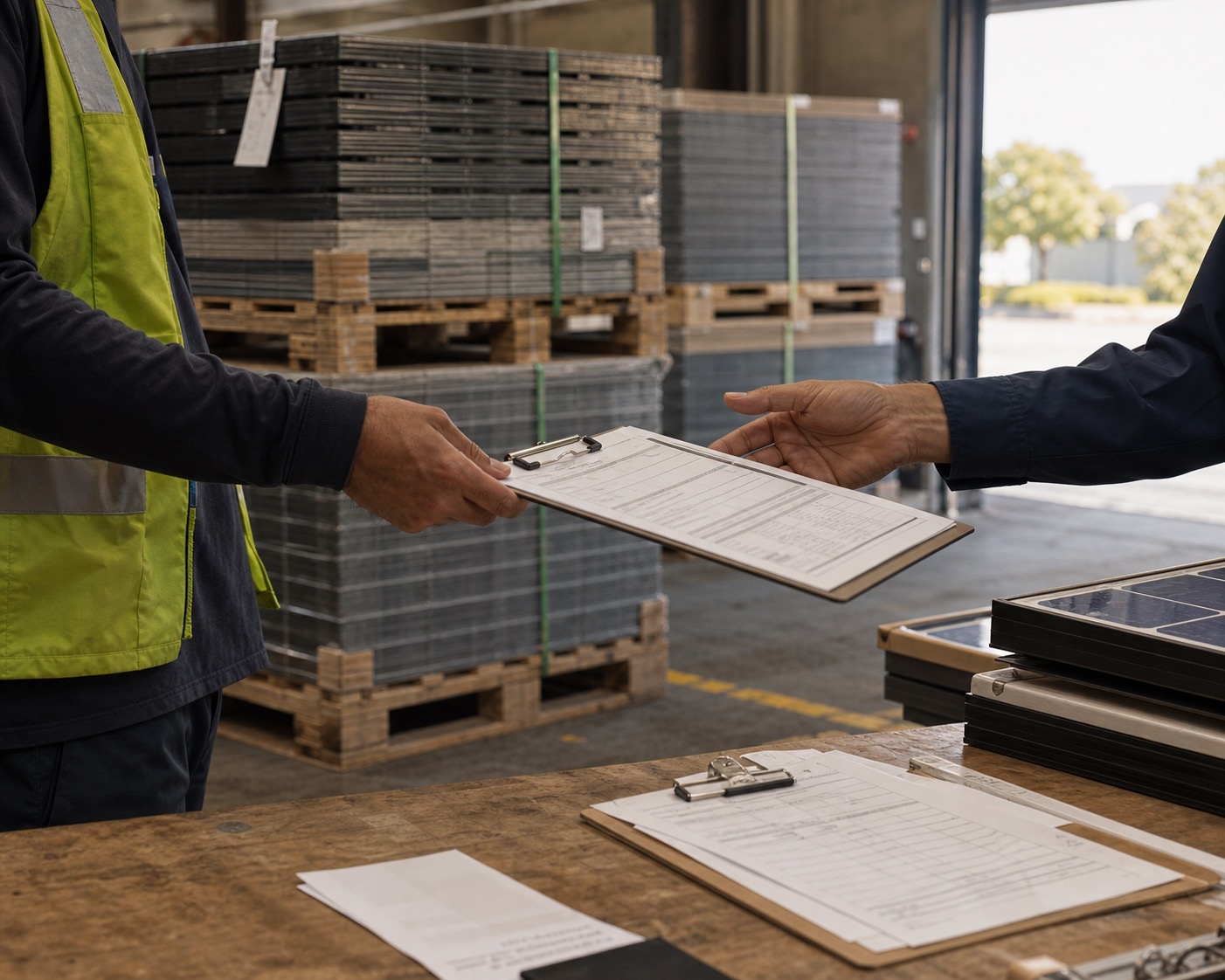 Lote de painéis solares em recebimento com conferência documental e registro de custódia