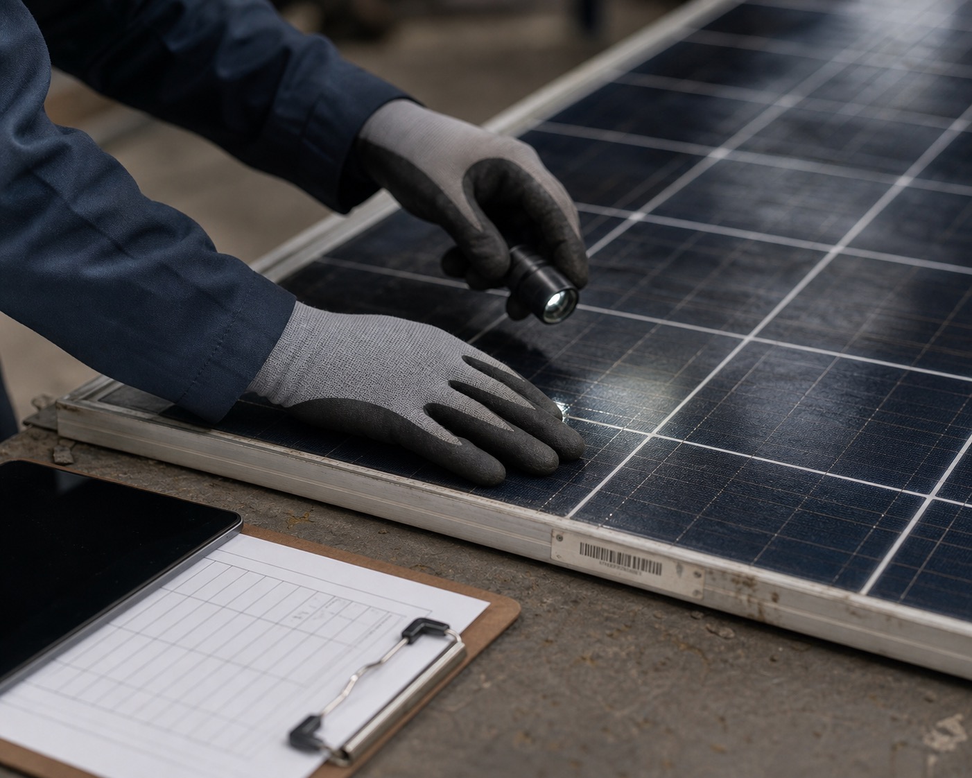 Inspeção técnica de módulo solar com registro de condição e evidências